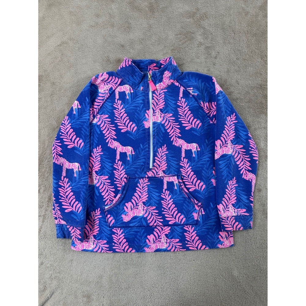 Lilly Pulitzer Skipper Popover Kid XL 12-14 blue pink zebra AOP Half Zip